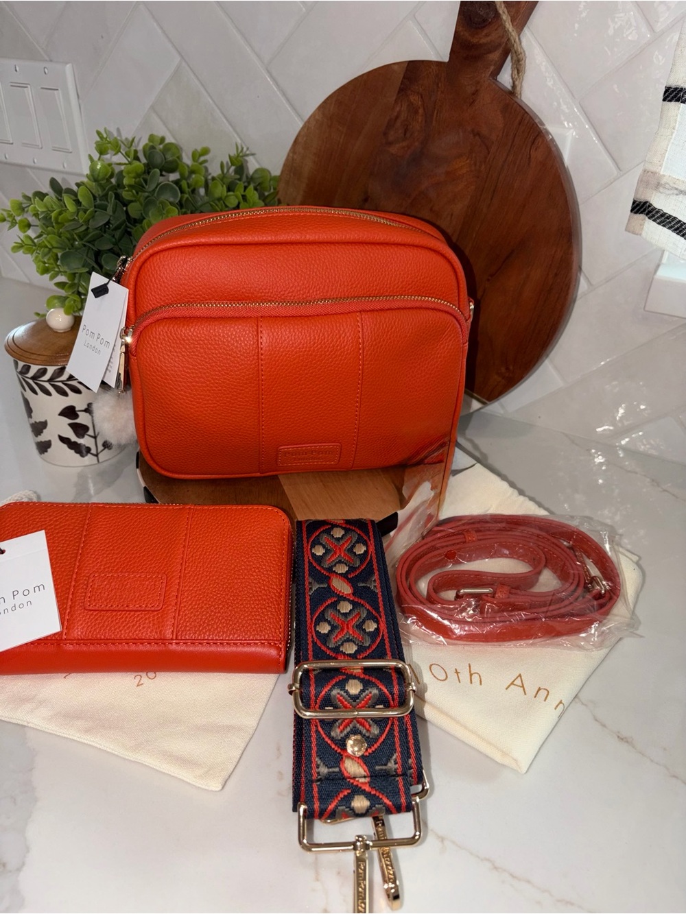 Pom Pom London Orange Spice City Crossbody Bag purse + wallet bundle NWT